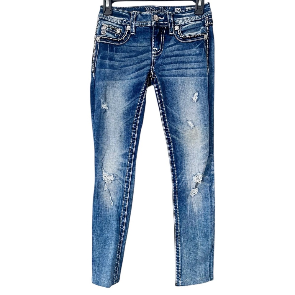 Miss Me Blue Distressed Embellished Low Rise Skinny Jeans Size 0/24
